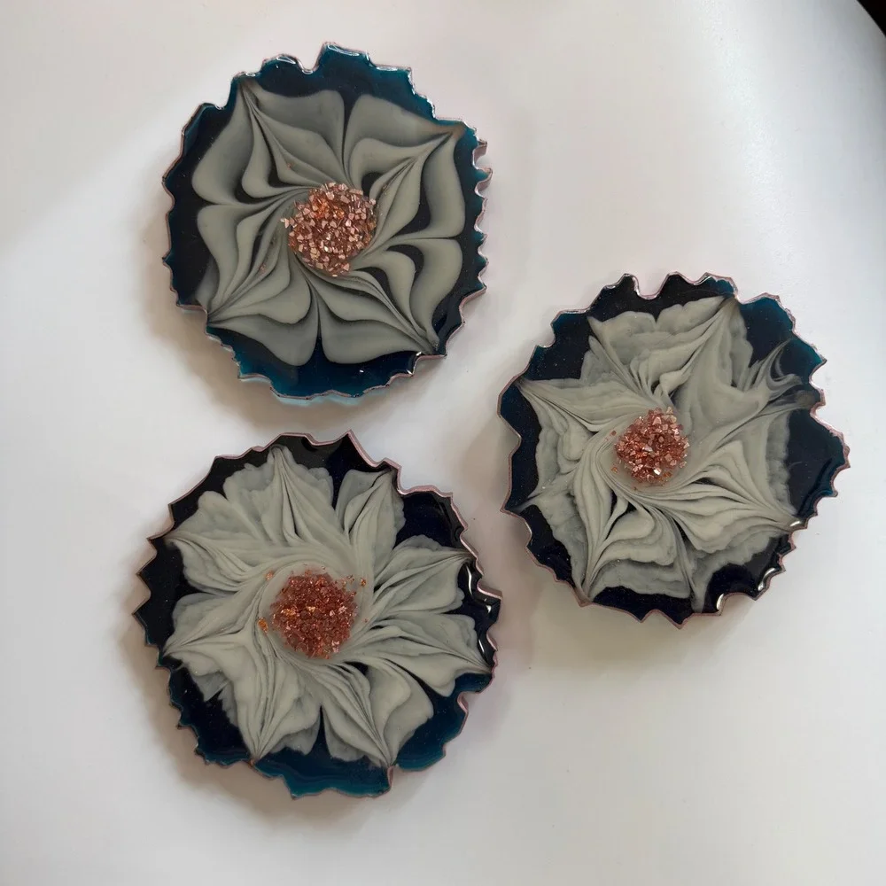 Handmade Resin Coaster Set of 3 Teal White 3D Floral Bloom Rose Gold Rim Geode